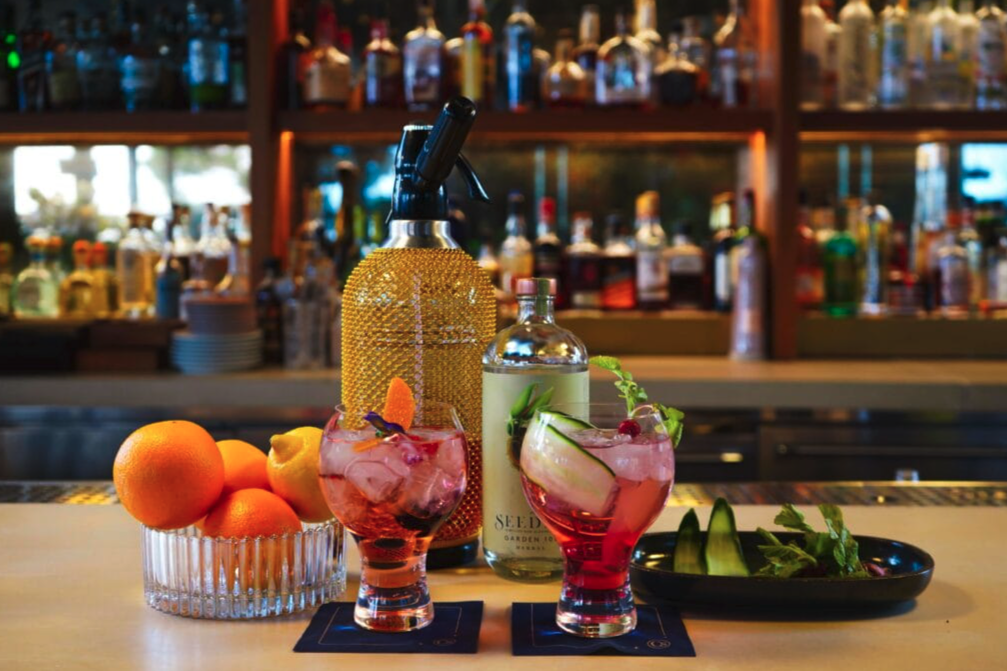 Two pink cocktails garnished with cucumber, herbs, and citrus sit on a bar counter beside fresh fruits, a gold soda siphon, and a Seedlip Garden 108 bottle, with a liquor shelf in the background.