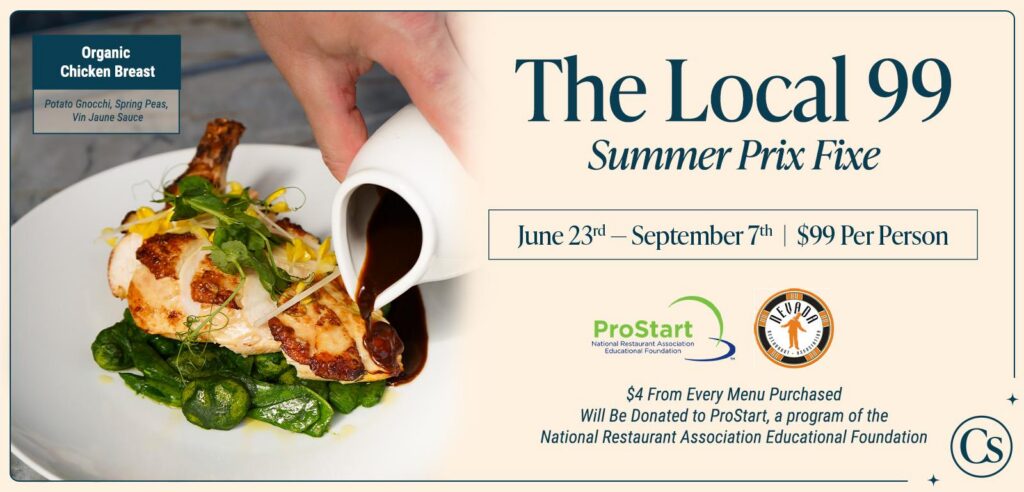 Promotional graphic for The Local 99 Summer Prix Fixe menu featuring an organic chicken breast dish with potato gnocchi, spring peas, and sauce being poured tableside. The promotion runs from June 23 through September 7 and is priced at $99 per person.
