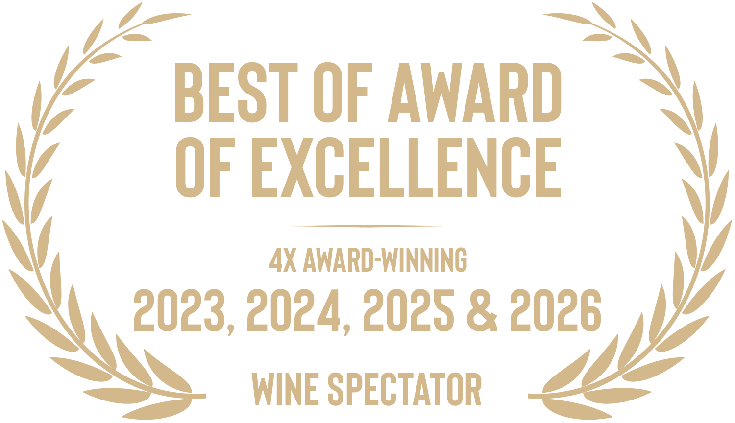 Wine Spectator Best of Award of Excellence recognition graphic highlighting four award-winning years: 2023, 2024, 2025, and 2026, framed by a laurel wreath design.