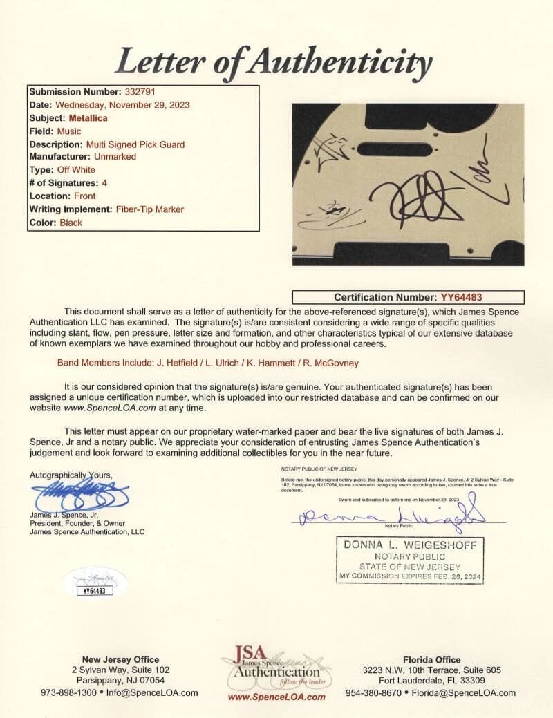 Letter of authenticity for a Metallica multi-signed guitar pickguard, documenting four signatures and certification details.